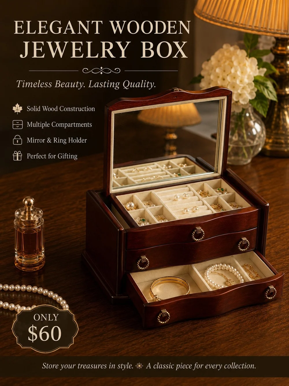 Elegant Wooden Jewelry Box - Dark Brown
